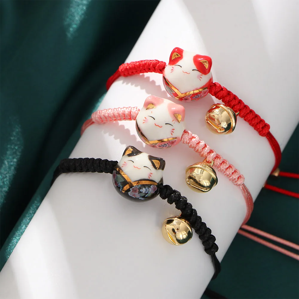 Adjustable Handmade Red Braided Rope Thread Bracelet For Women Girls Luck Ceramic Cat Pendant Japanese Style Jewelry