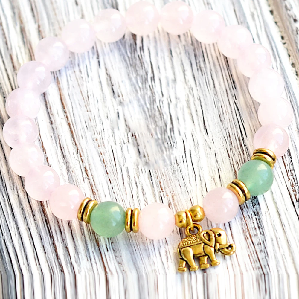 Bracelet à breloques éléphant en quartz rose pour femme, bracelet d'énergie aventurine verte, bracelet fait main, bracelet Mala Yoga, MG0748, 8 mm