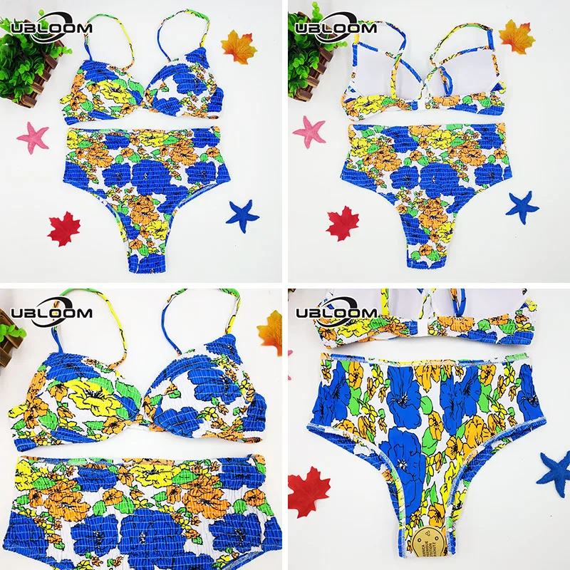 Bikini plissé à armatures pour femmes, maillot de bain deux pièces, Sexy, taille haute, soutien-gorge Push Up, motif Floral, pour baigneurs