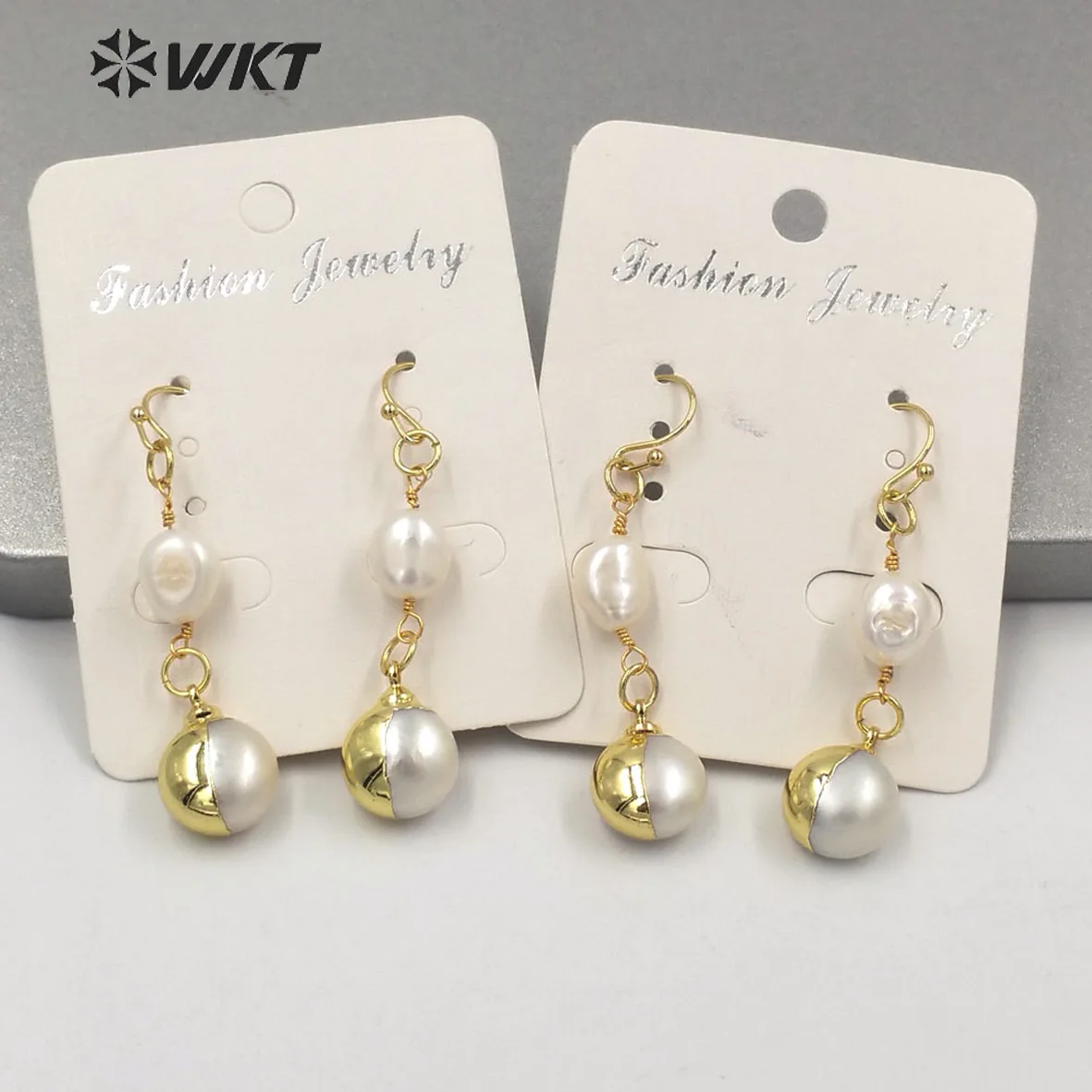 WT-MPE057 WKT Elegant Style Long Dangle Natural Freshwater Pearl Earrings Fashion Chic Round Gold Jewelry