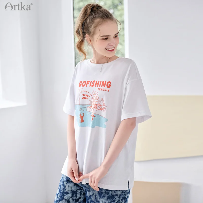 ARTKA 2021 Summer New Women T-shirt 100% Cotton Fashion Cartoon Letter Print T-shirts O-Neck Casual Loose White T-shirt TA22019X