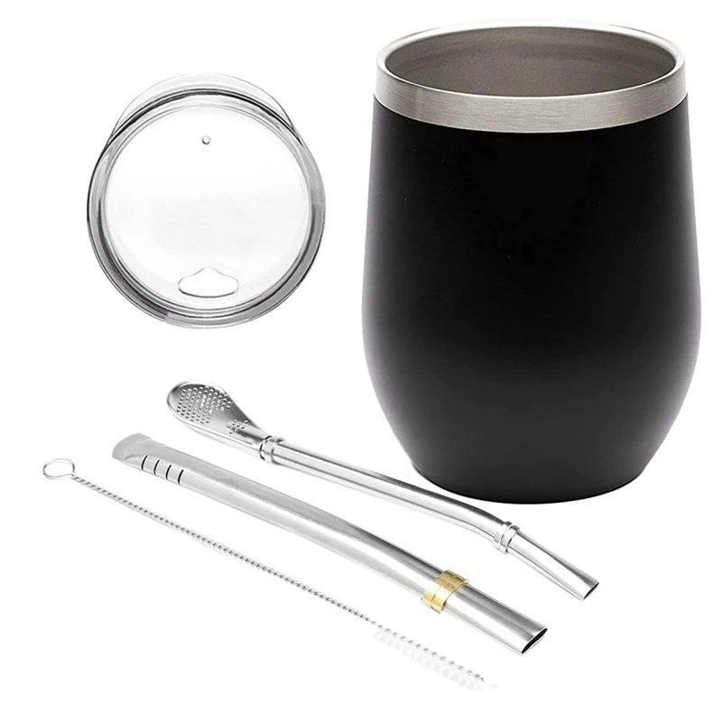 Yerba Mate Gourd Tea Cup Set 12Oz,Double-Wall Stainless Coffee Water Cup with Lid 2 Bombillas Straws Spoon&Brush