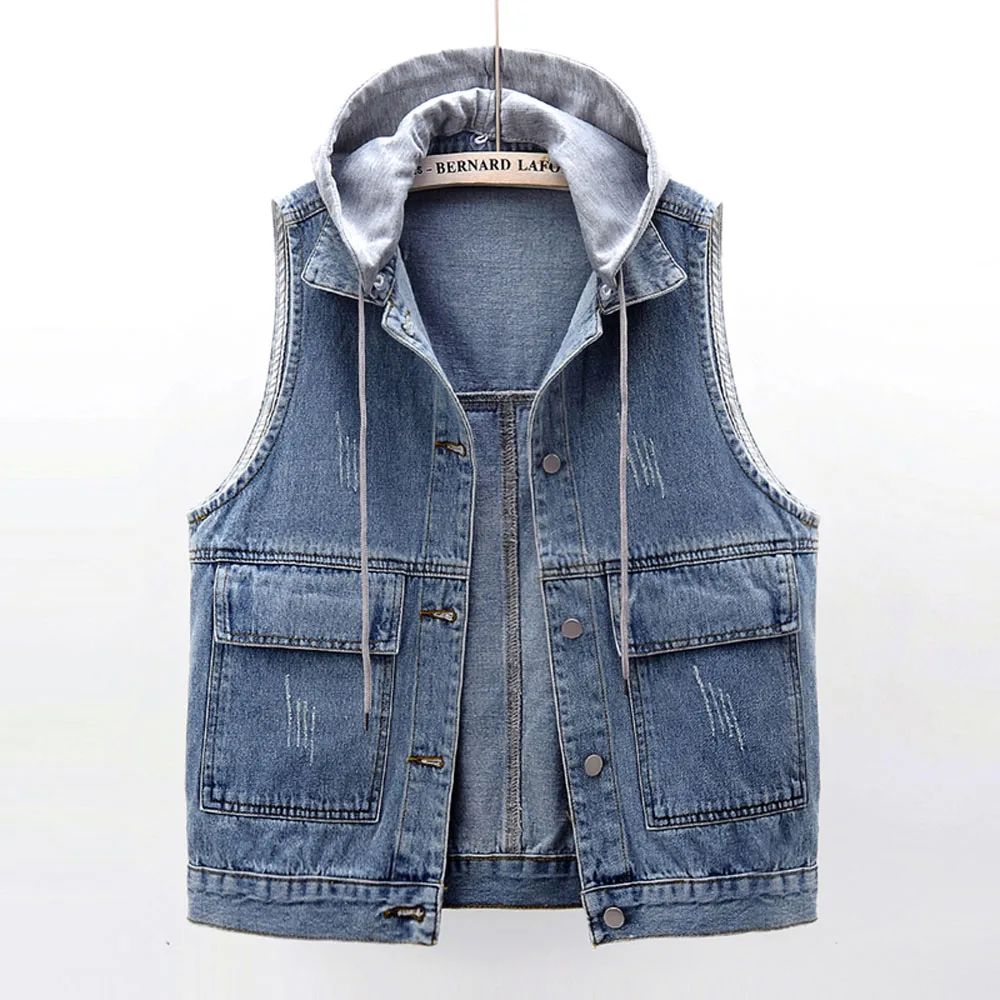 Plus Size Casual Hooded Denim Jacket Vest For Women Fashion Sleeveless Waistcoat Top T-shirt Outside Clothes With Detachable Hat