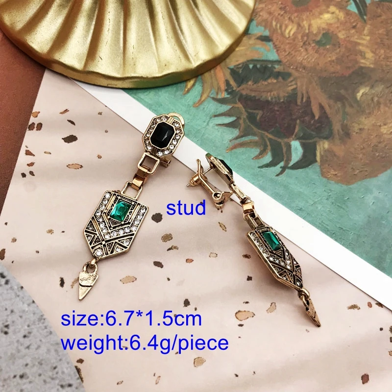 Vintage Rhinestone Dangle Earrings Geometric Alloy Green Triangle Pendant Charm Jewelry For Women