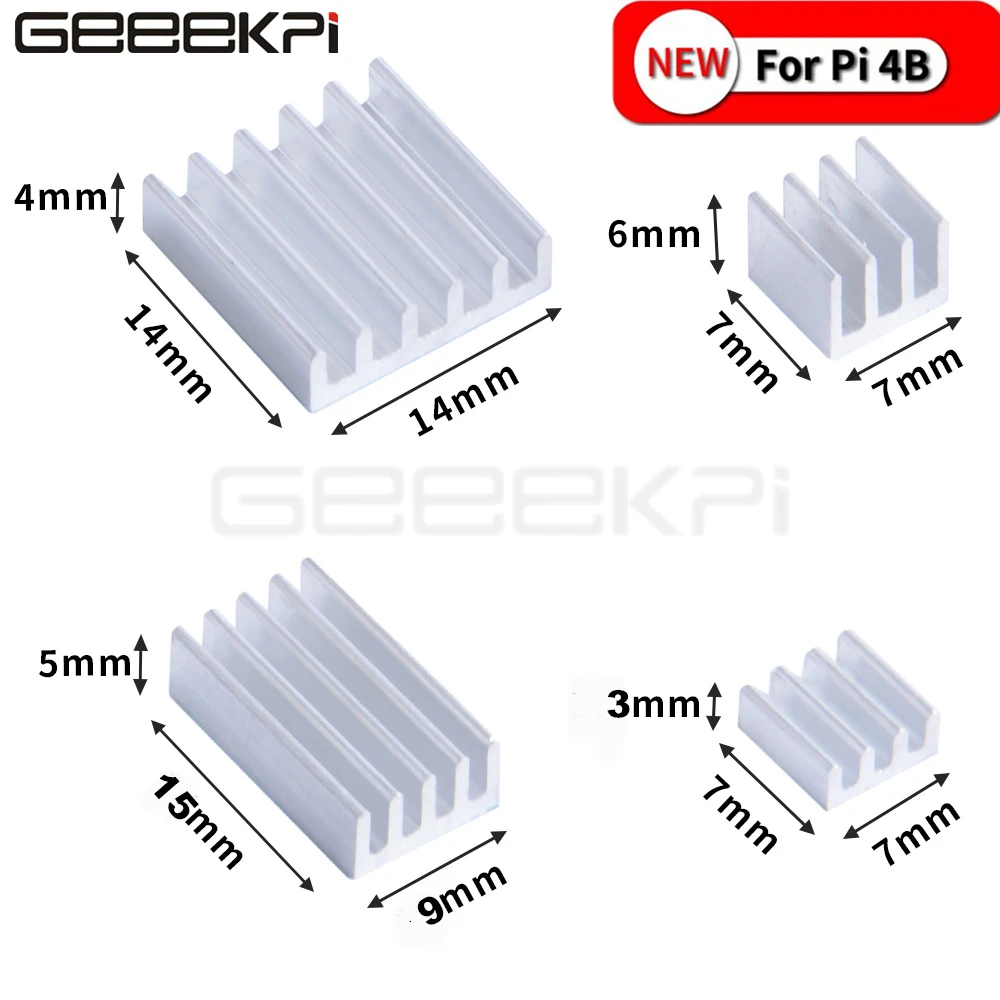 Geeekki 1 Set Isi 4 Buah Aluminium Heat Sink Perak/Hitam atau 2 Set atau 5 Set Paket untuk Raspberry Pi 4B Pi 4 Model B