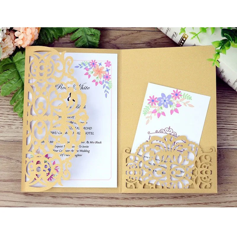 1pcs Laser Cut Wedding Invitations Card Tri-Fold Elegant Lace Business Flowers Greeting Cards & Ribbon Wedding Party Decoration