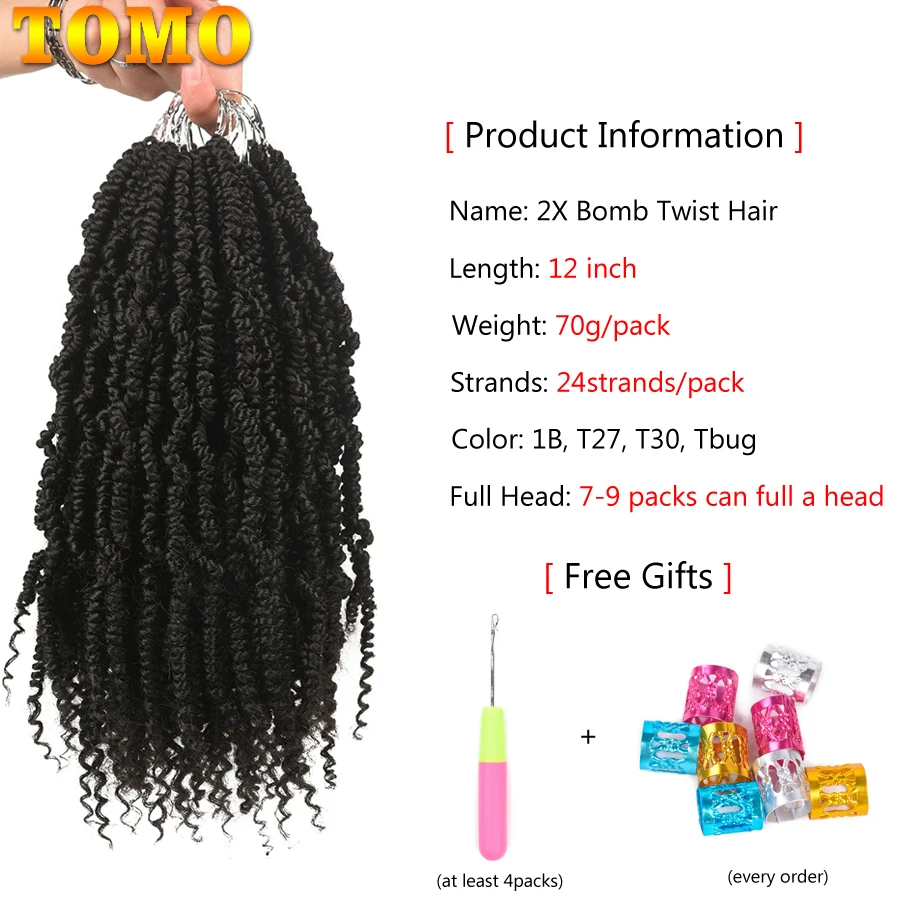 TOMO Crochet Spring Twist Hair Pretwisted 14 inch Bomb Twist Fluffy Synthetic Pre looped Passion Twist Crochet Braids 24/16 Root