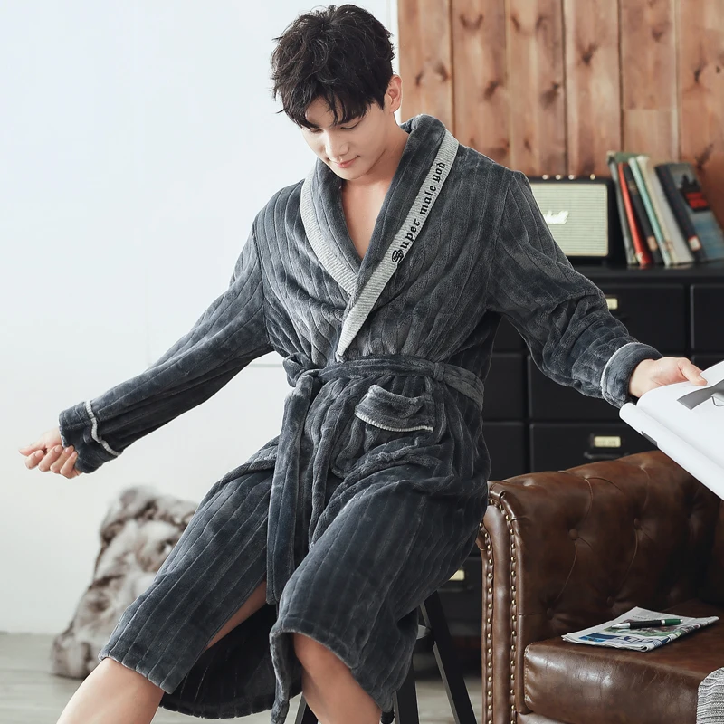 Autumn Winter Nightdress Gray Men Casual Coral Fleece Sleepwear Warm Men Home Wear Flannel Belt Pyjamas Kimono Bathrobe Gown
