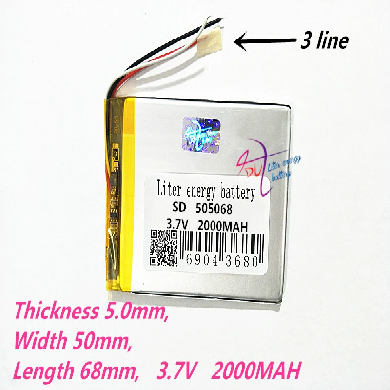3-линейный 505068   Литий-полимерный аккумулятор 505070   3,7 В 2000 мАч Li-Po аккумулятор для мобильного аккумулятора DIY Tablet PC