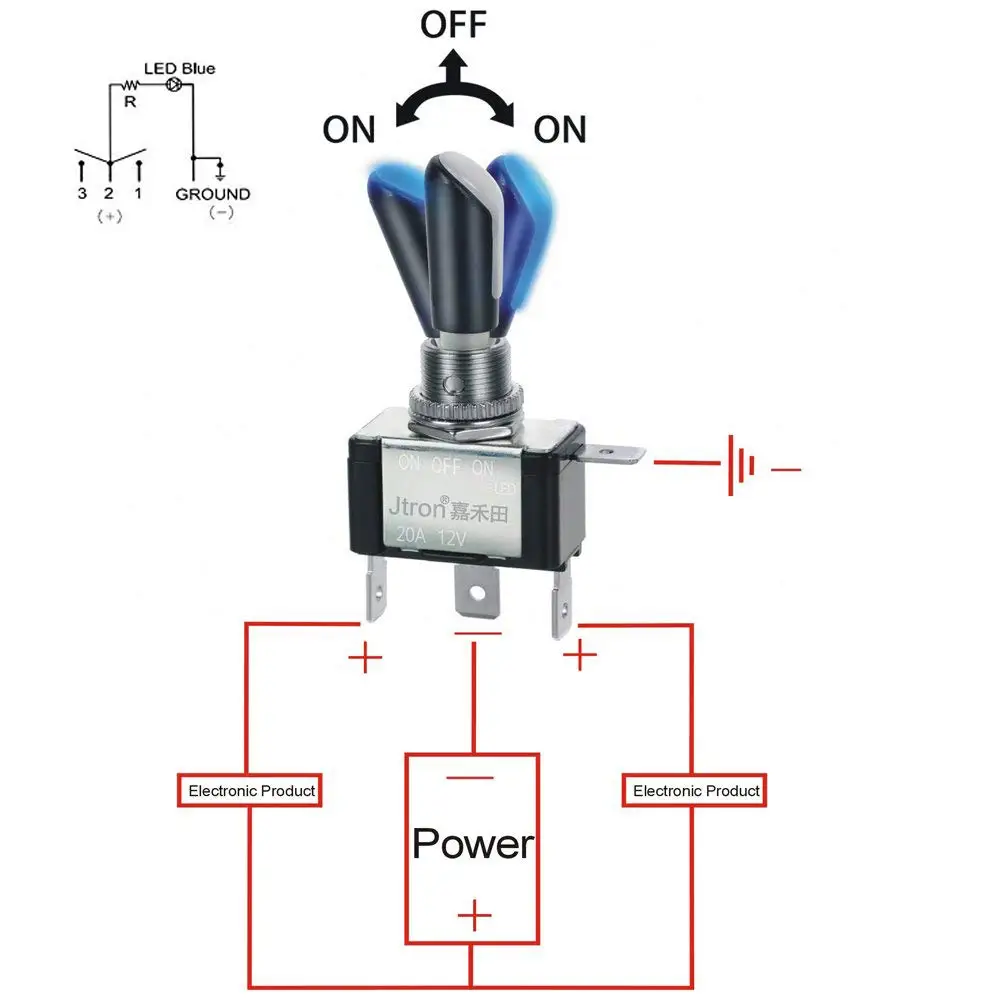 Jtron-青ledトグルスイッチ,オン/オフボタン,12v,20a,3ポジション,4p,spdt,kippschalter,schl ü sselschalter,12mm