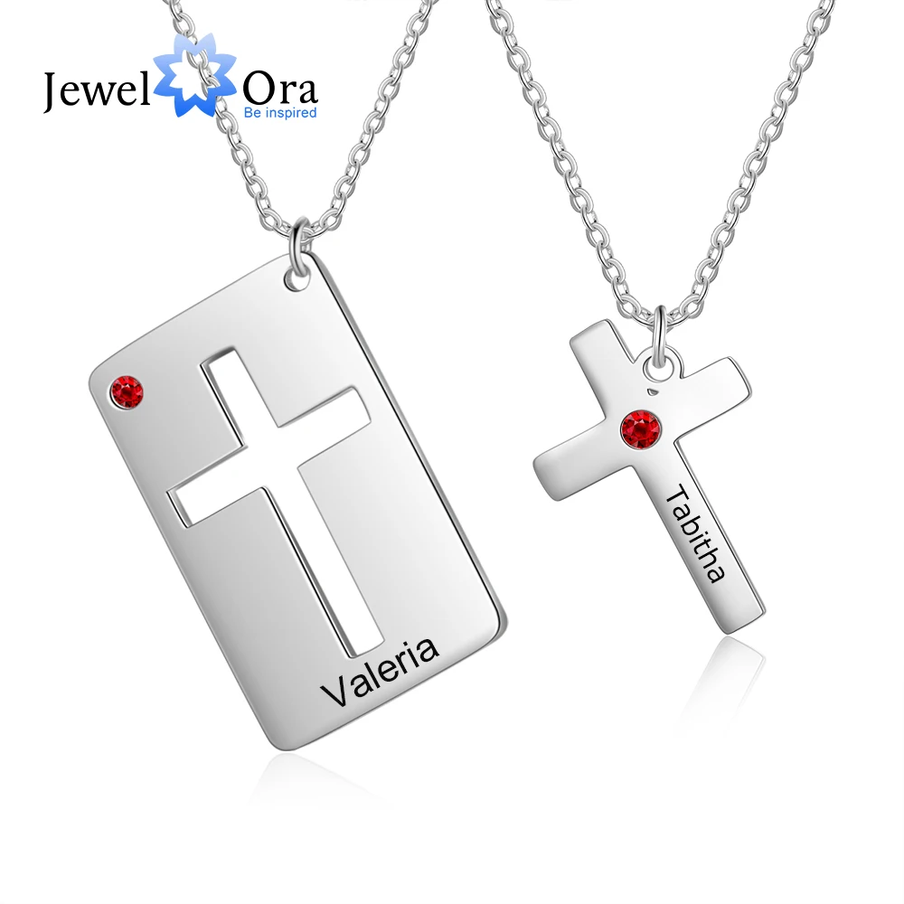 JewelOra Designer Customized 2 Pcs BFF Necklace Set Personalized Engraved Name Cross Necklace with Birthstone Couple Gift Ideas