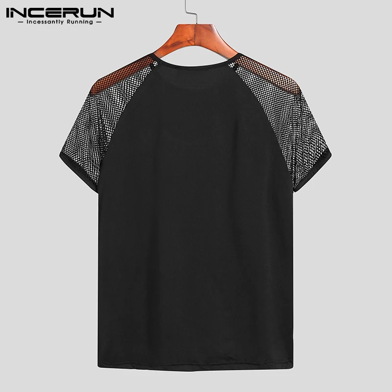 Fashion Men T Shirt Mesh Patchwork Breathable Crew Neck 2023 Short Sleeve Casual Tee Tops Streetwear Sexy Camisetas 5XL INCERUN