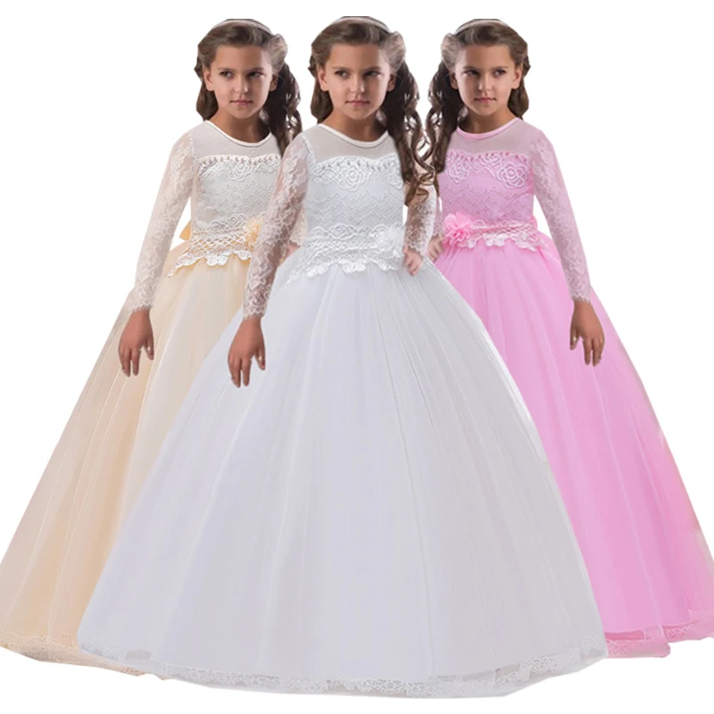 Wedding Dress For Girls Elegant White Bridesmaid Lace Flower Long Sleeve Tutu Evening Gowns Bow Girl Party Dresses 8 12 Years