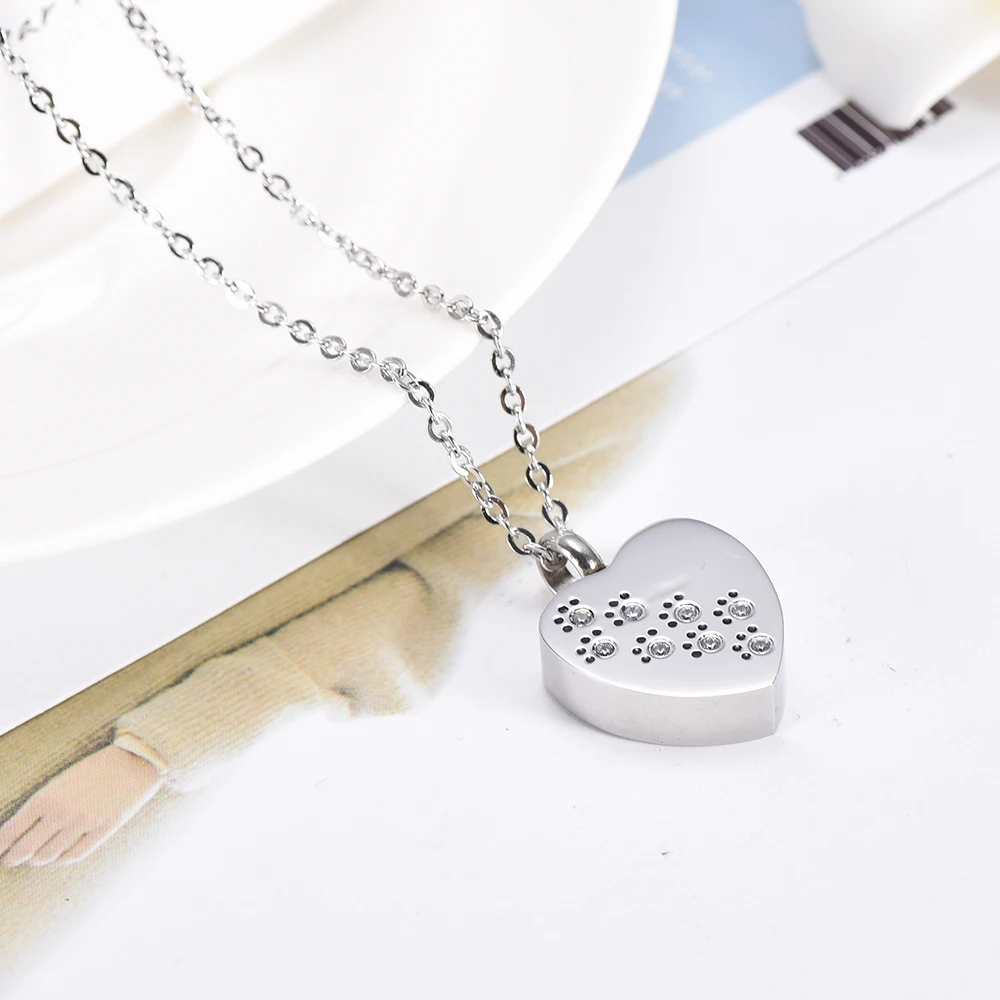 Pet Cat Dog Paw Print Cremation Jewelry for Ashes Wearable Urn Necklace with 3 Colors Crystal Keepsake Memorial Pendant