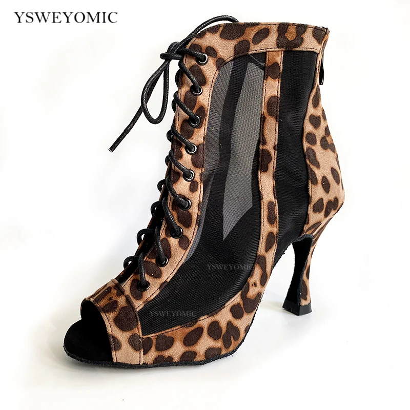 Ladies Dance Bootie 2021 Newest Style Leopard Flock Soft Thicker Padding Insole Stable Bachata Salsa Dance Shoes Latin Women