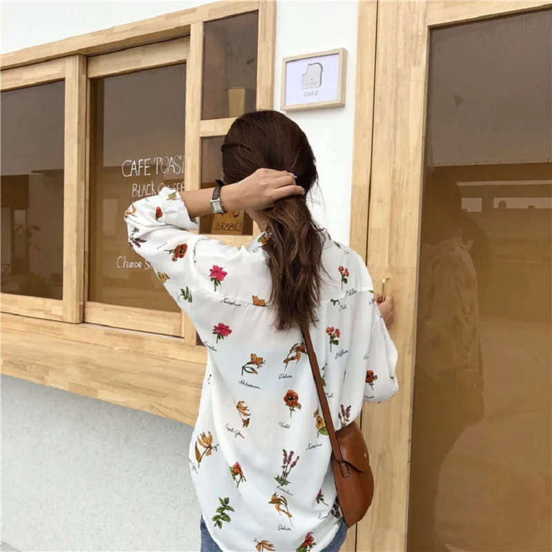 Vintage Floral Print Loose Casual Off White Blouse Women Long Sleeve Female Top Office Ladies Chiffon Blouses Shirts 2022