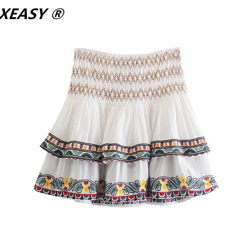 XEASY-conjunto Vintage de 2 piezas para mujer, camisa bordada con manga de murciélago y flores, de cintura alta minifalda, trajes dulces, 2021