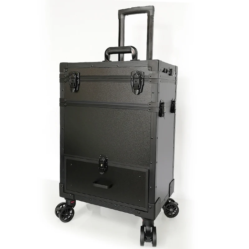 Professional Makeup Artist Beauty Case Travel Large Capacity LED With Mirror Manicure Cosmetic Box Aluminum Trolley Toolbox