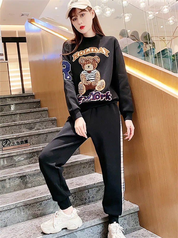 Sports Fashion Women Tracksuit O-neck Cartoon Sweater + Elastic Waist Splicing Trousers Two-piece Set Female Suit Autumn Winter