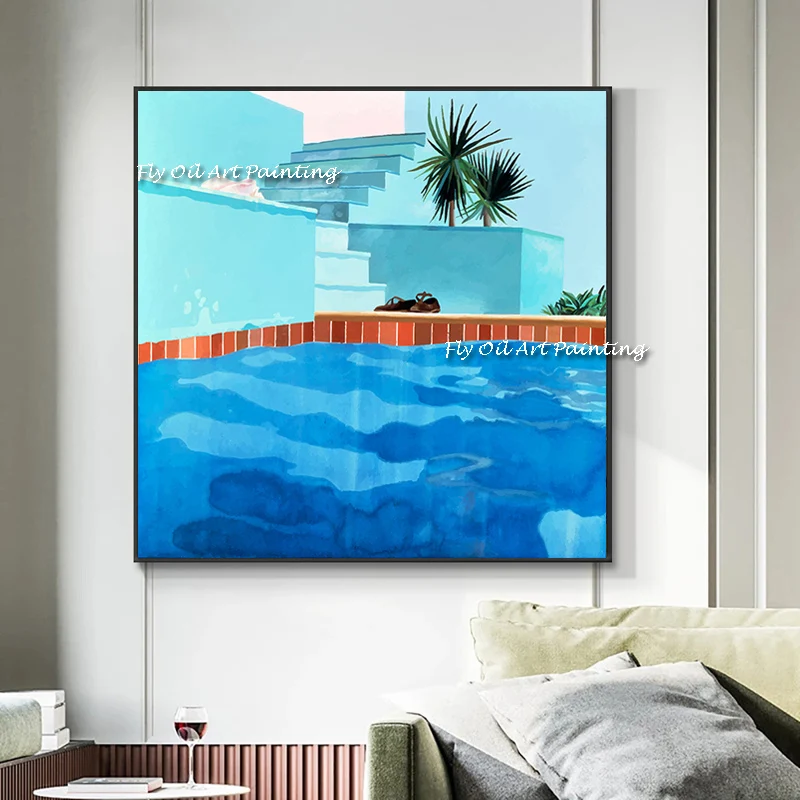 

The Handmade David Hockney Canvas Oil Painting Swim Pool Wall Art Paintings Decor for Living Room Colorful Landscape Frameless