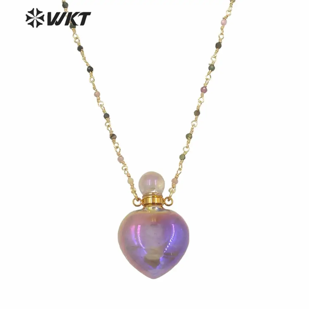 WT-N1238 Amazing elegant stone necklace in 18 inch heart shape aura purple stone perfume bottle necklace with rosary chain