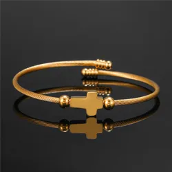 Elegante braccialetto a croce per donna uomo bracciale rigido in acciaio inossidabile lucido Unisex fede religiosa gioielli con croce aperta