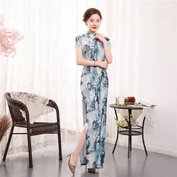 2021 Summer Long Cheongsam abito sottile Sexy floreale Slim abiti scozzesi Vintage Qipao S a 6XL verde blu