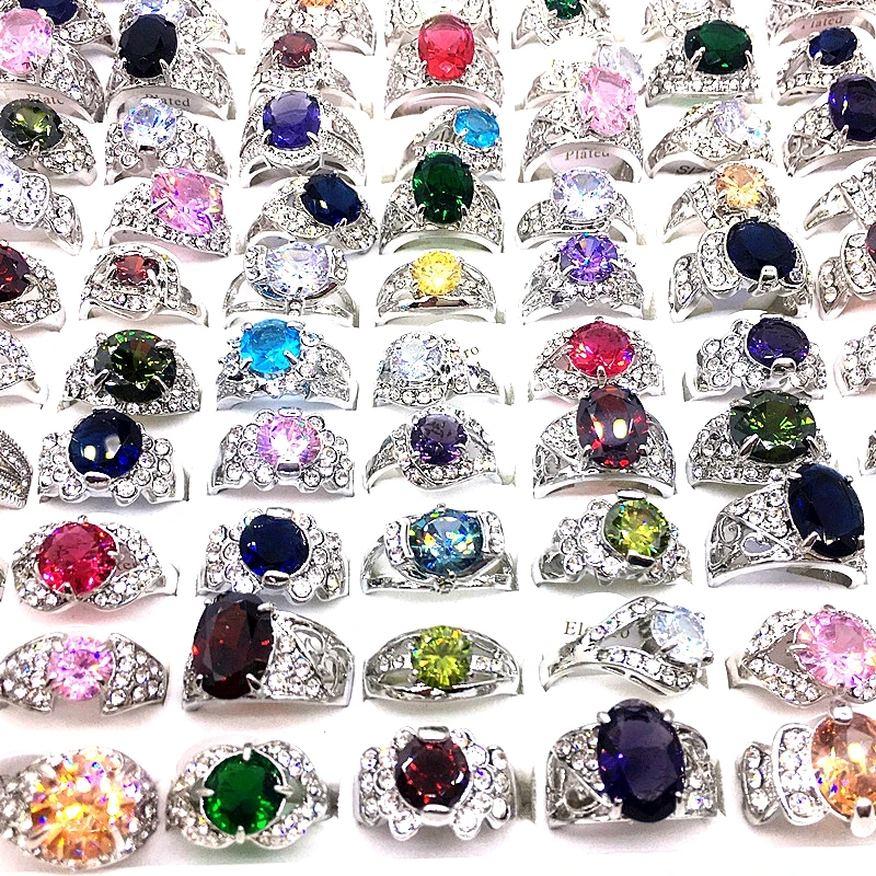 MixMax 50PCs Women\'s Rings Shining Zircon Stone Rhinestone Fashion Jewelry Wholesale Lot Party Gifts Mix Styles