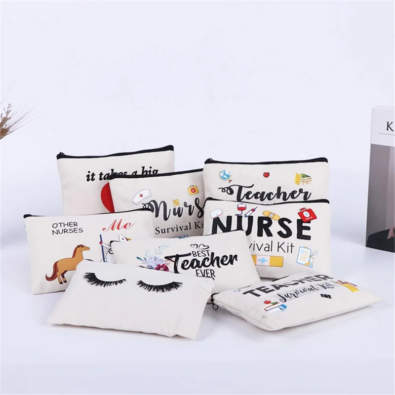 100Pcs/Lot Makeup Bag Flowers Alphabet Printed Canvas Storage Bag Cosmetic Bags Large capacity pen bags 23cmx15cm