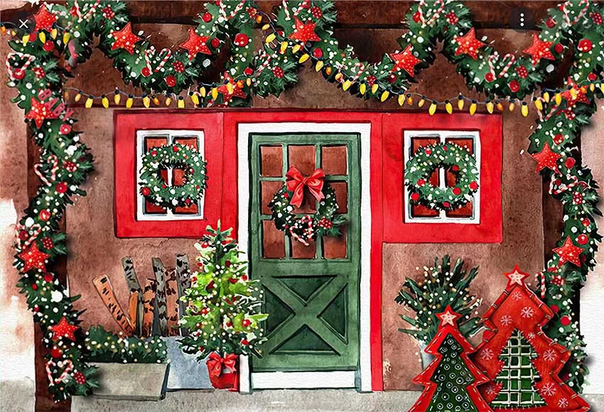 Avezano عيد الميلاد مخزن التصوير خلفية نافذة حمراء خضراء شجر صنوبر صورة خلفية استوديو Photophone فوتوزون