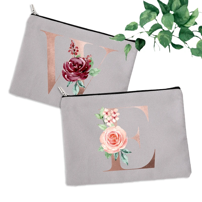 

Bridesmaid Makeup Bag Letter Flower Cosmetic Bags Bridal Party Toiletry Organizer Female Storage Make Up Case Purse Wedding Gift