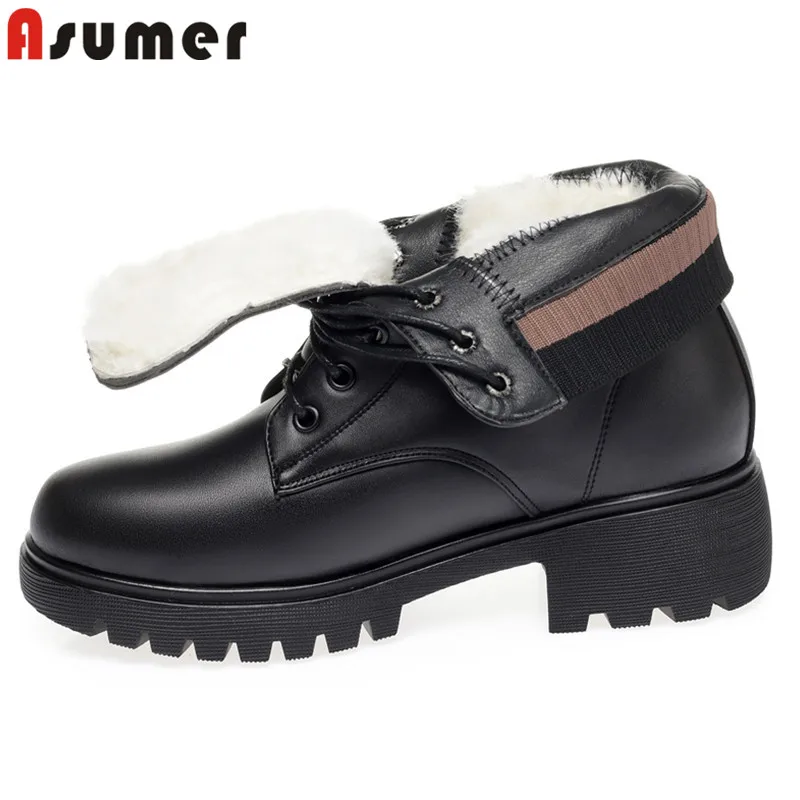 

ASUMER Size 34-43 100% Nature Wool Genuine Leather Boots Women Lace Up Ankle Boots Thick Fur Warm Snow Boots Winter Ladies Shoes