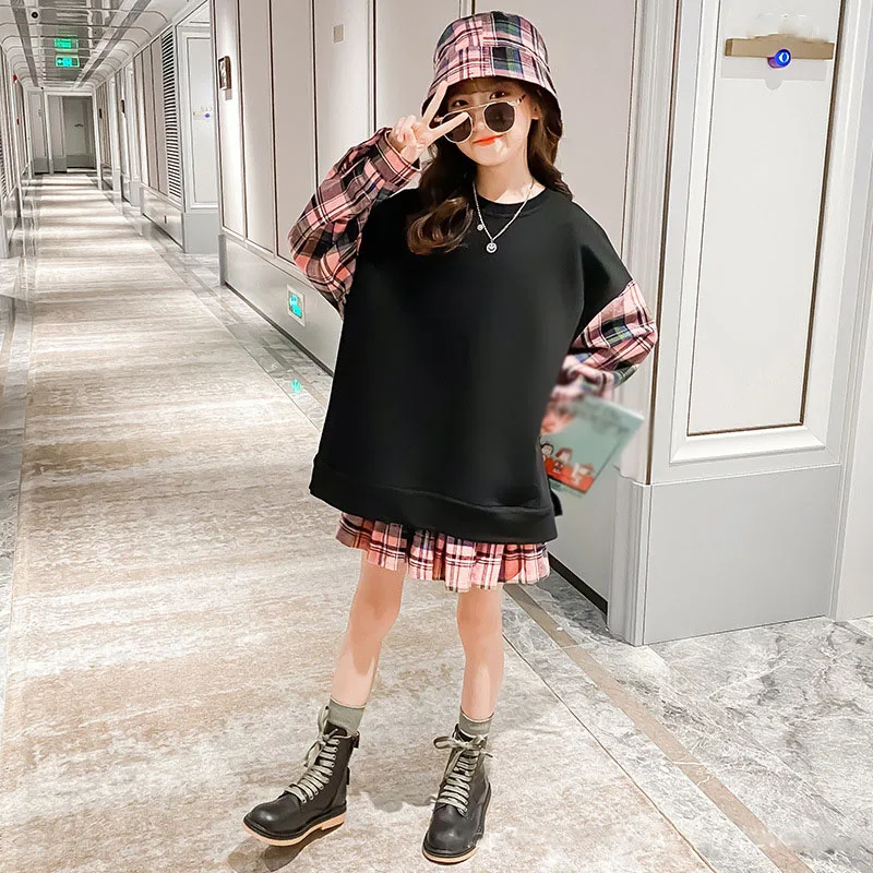 2021 Autumn New Girls Big Kids Dresses Teenager Fashion Suit Korean Denim Sweatshirt +Skirt Casual Clothing 4 5 7 9 11 13Y +Hat