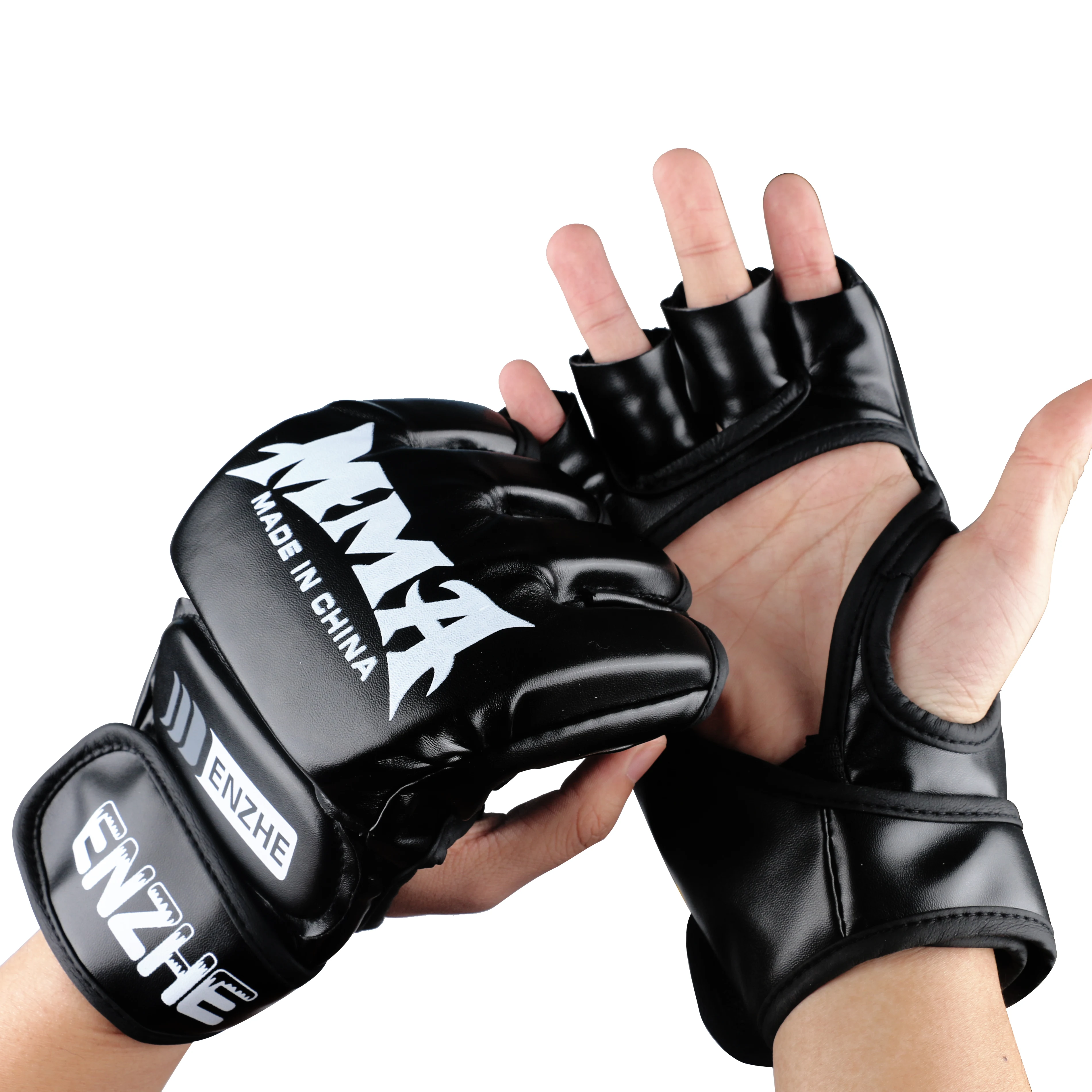 

ENZHE MMA Gloves, Half Finger PU Leather Punch Bag Boxing Gloves Muay Thai Kick Boxing for Fight Training (1 Pair)