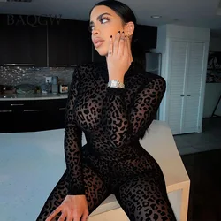 See Through Transparent Leopard Print Sexy Overalls for Women Autum Mesh Slim Long Jumpsuit Festival Body Outfits Party Clothing