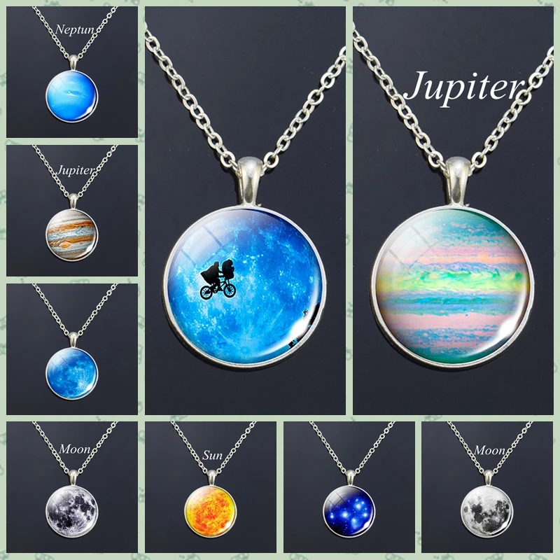 Sun Earth Jupiter Outer Space Pattern Glass Pendant Necklace Galaxy Planet Space Necklace Men Women Fashion Jewelry Gift