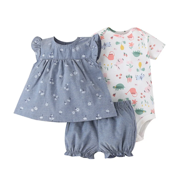 3PCS Newborn Baby Girl Clothing Sets 2023 Summer Floral Tops T-shirt+Bodysuit+Shorts New Bebe Kids Clothes Outfits