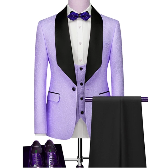 Traje de novio hecho a medida para hombre esmoquin de color lila y negro con solapa chal para padrino de boda chaqueta pantalones chaleco y corbata D22 AliExpress