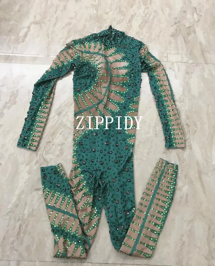 Fashion Rhinestones Green Nude Jumpsuit Sexy Stretch Dance Bodysuit Performance Party Celebrate  Stage Show Costume Wear