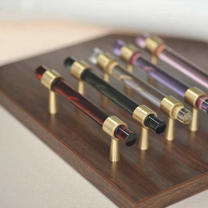 Nordic Light luxury Brass+Crystal Handle 140 x 12mm Modern Colorful Cupboard Door Wardrobe T Bar DIY Handles for Furniture