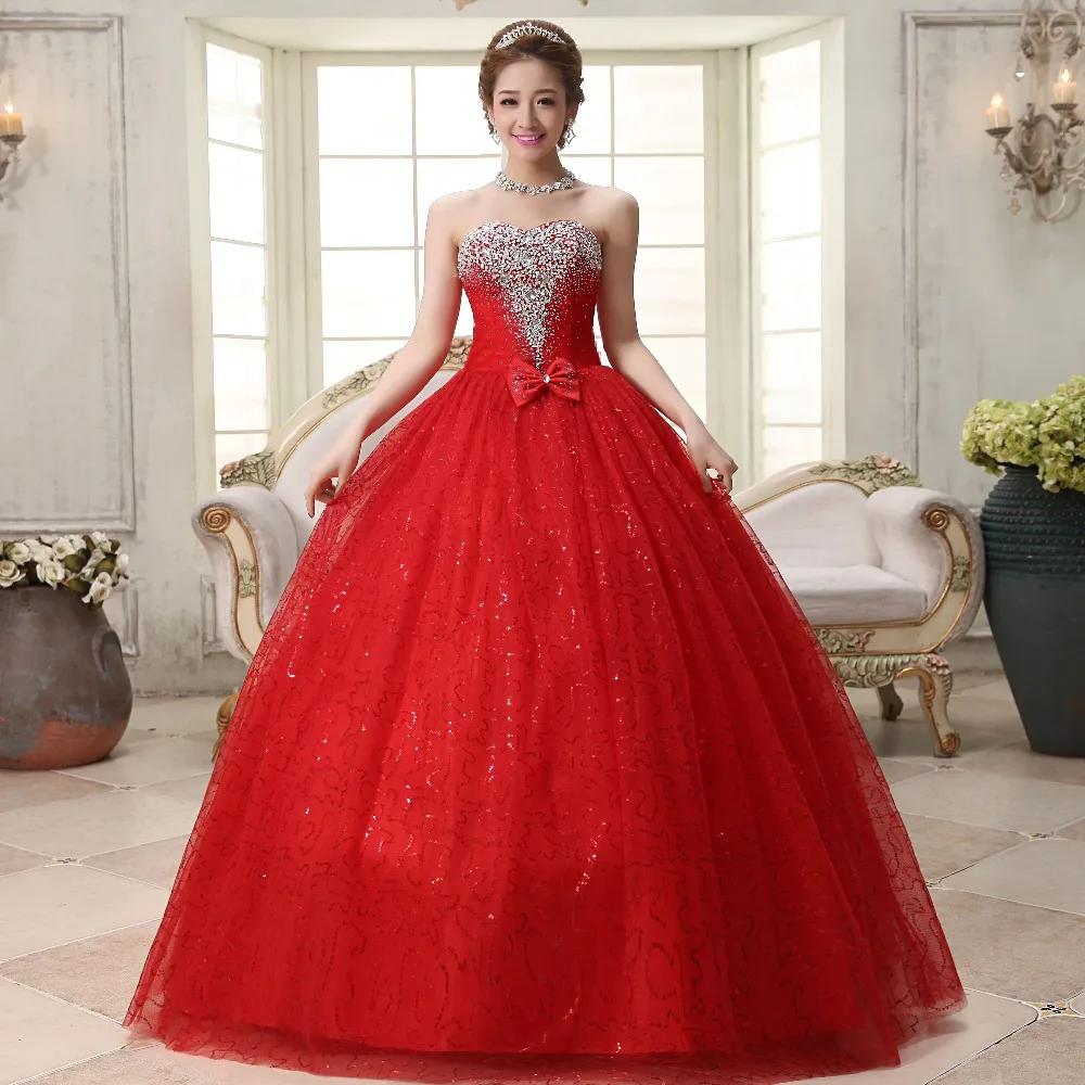 Vestido de casamento sem alças, Princess Gown, Doce laço romântico, Design clássico, Vermelho, Casamento