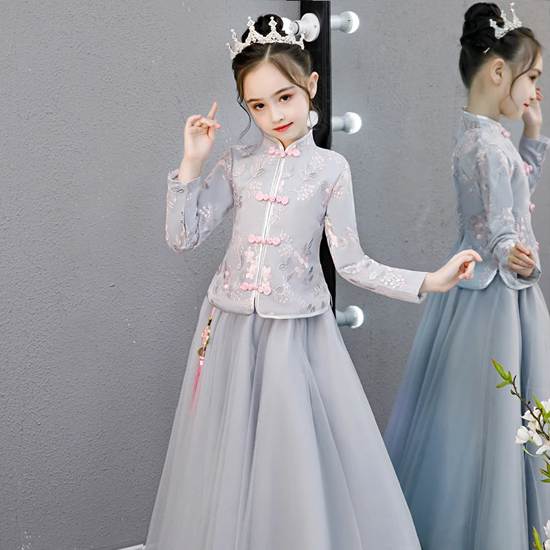 Grigio Bambino Della Principessa Del Partito Dello Spettacolo Del Merletto Del Ricamo Abiti Di Compleanno della ragazza Abiti qipao moderno abiti da festa chinos