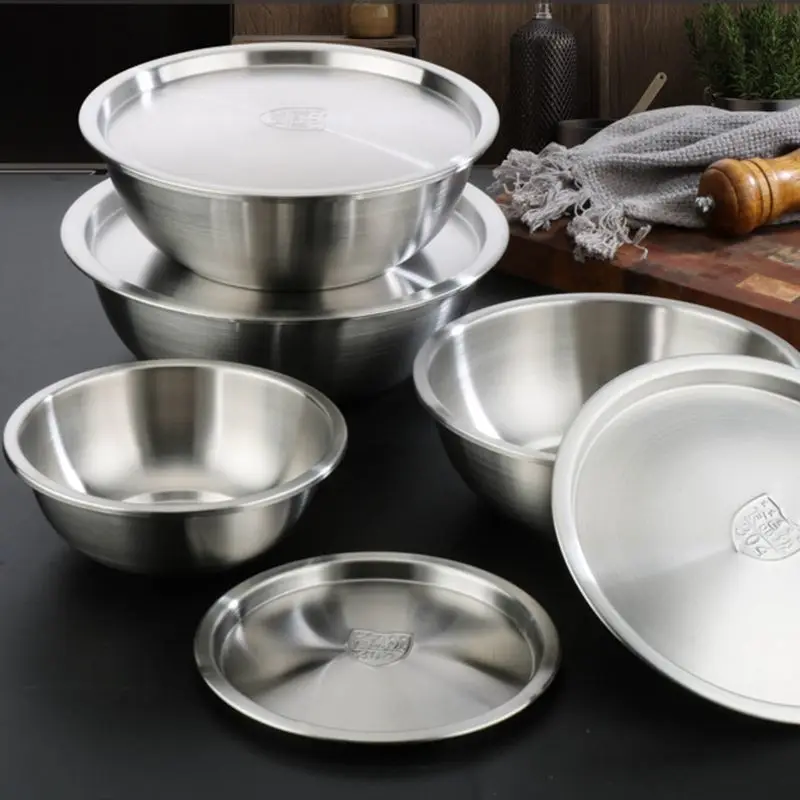 18-32cm 304 Stainless Steel Salad Bowls Set With Lid Durable Kitchen Baking Prep Mixing Cooking Bowl Food Vegetable Soup Pot