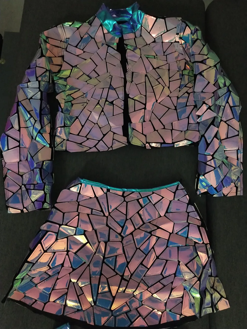 Giacca con specchio laser lucido Minigonna Abito da ballo per donna Jazz Dance Team Performance Costume Festa di compleanno Festival Abbigliamento