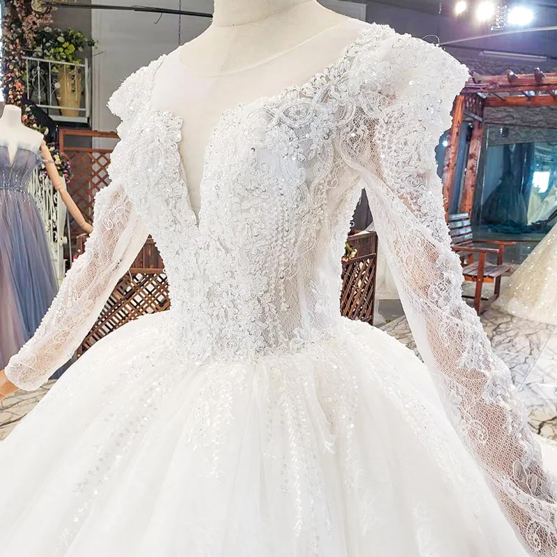 HTL1821 Luxurious Sequined Beading Crystal Fiowers White Wedding Dress 2020 V-Neck Long Sleeve Ball Gowns