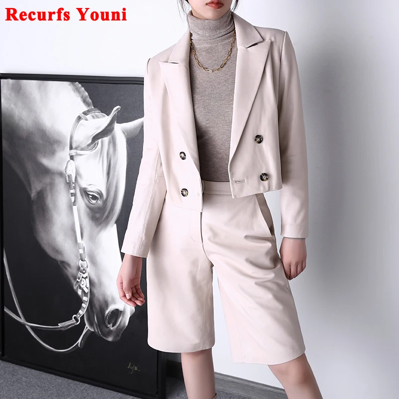 

Two Piece Pants Suits Women Harajuku Genuine Leather Pockets Short Jacket Female Lambskin Handsome White Midi Long Shorts Sets