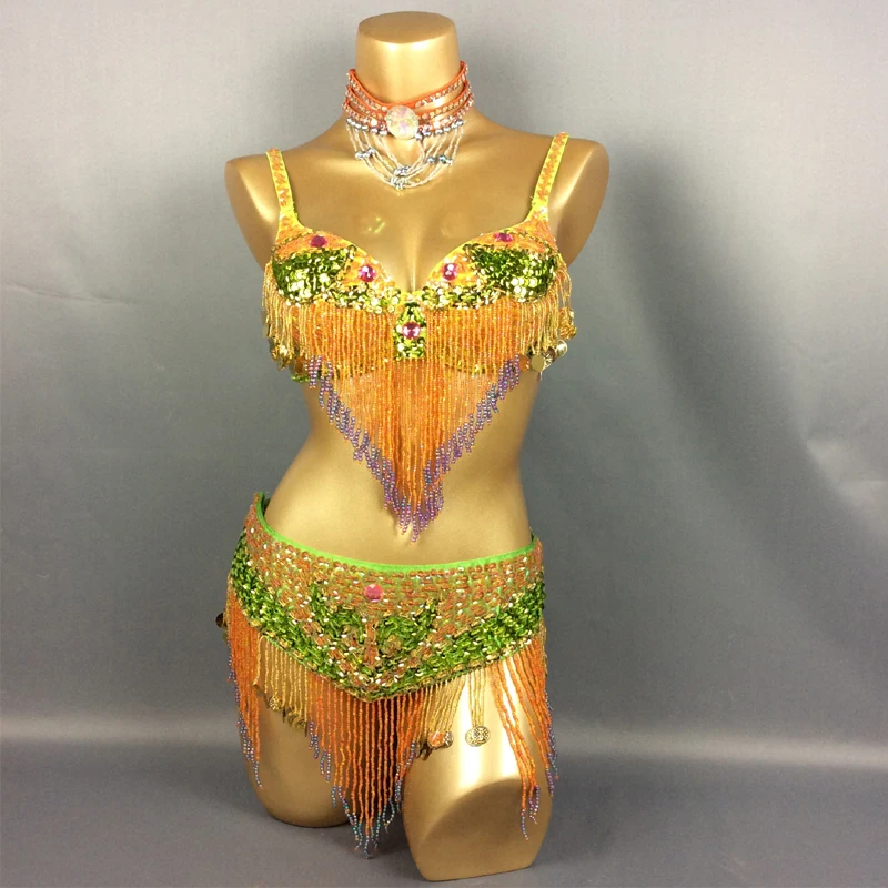 Hot Selling Belly Dance Competition Costume New-Style Sexy Handmade Beaded Tassel Sequins Bra Belt 2 Piece Sets 5 COLOR DL6290