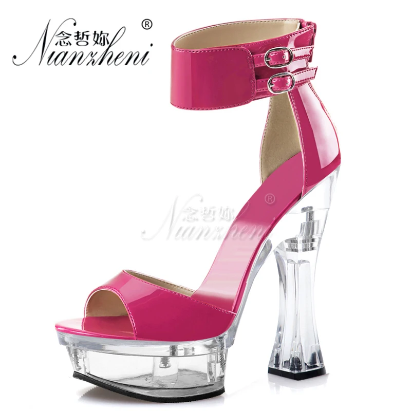 

14CM Super High Heeled Pole Dance Shoes Fashion Patent Leather Sexy Fetish Womens Platform Sandals 6 Inches Shallow Shoes Coarse