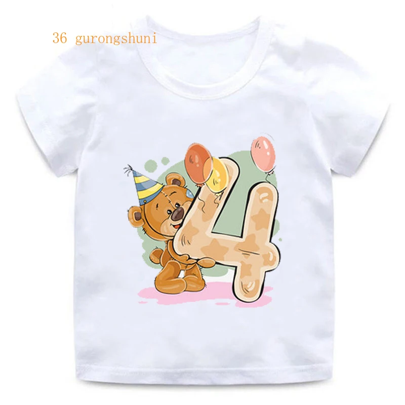 Boy Girl Birthday Bear Number 12 3 4 8 9 Bow Print T shirts Baby cute Cartoon Funny Round Neck Girls T-shirt Best Birthday Gift