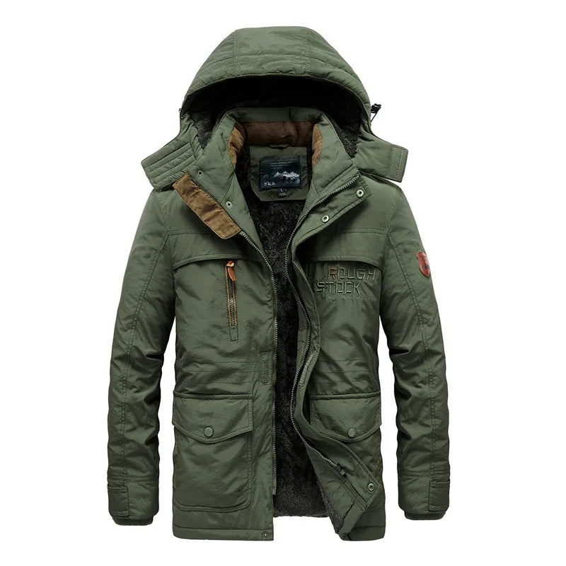 Winter Jacket Men Thick Padded Parka Fleece Liner Coat New Fur Collar Hooded Warm Outwear Male Multi-Pocket Windproof Overcoat